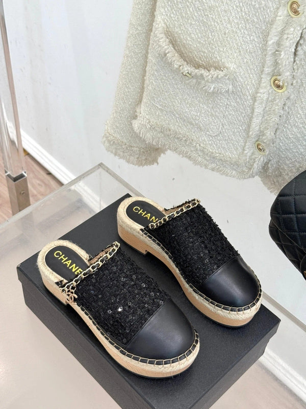 CC Mules 25ss 30 Mm In Black Lambskin Mix Tweed