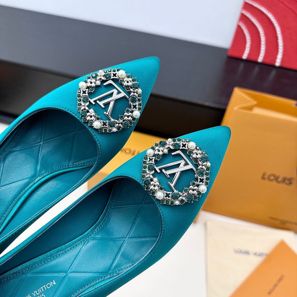 LV 26s Pointed-Toe High Heels 95 Teal Blue Premium Satin 622439