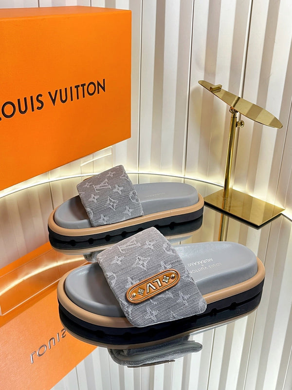 LV 26s Slippers Gray Denim Sheepskin 616356