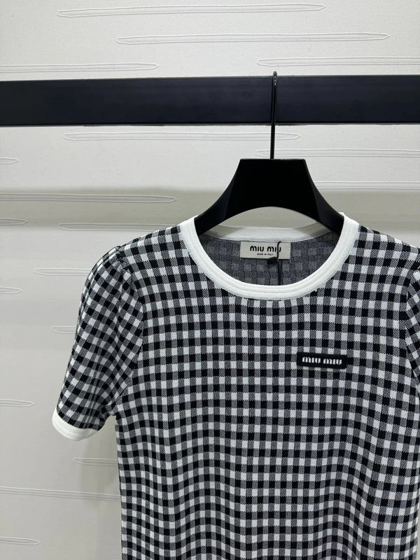 MIUMIU CREW NECK SHORT-SLEEVE PLAID KNIT TOP 274833