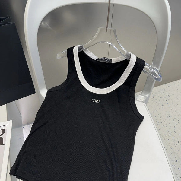 TANK TOP 615176 IN BLACK COTTON RIBBED WHITE TRIM