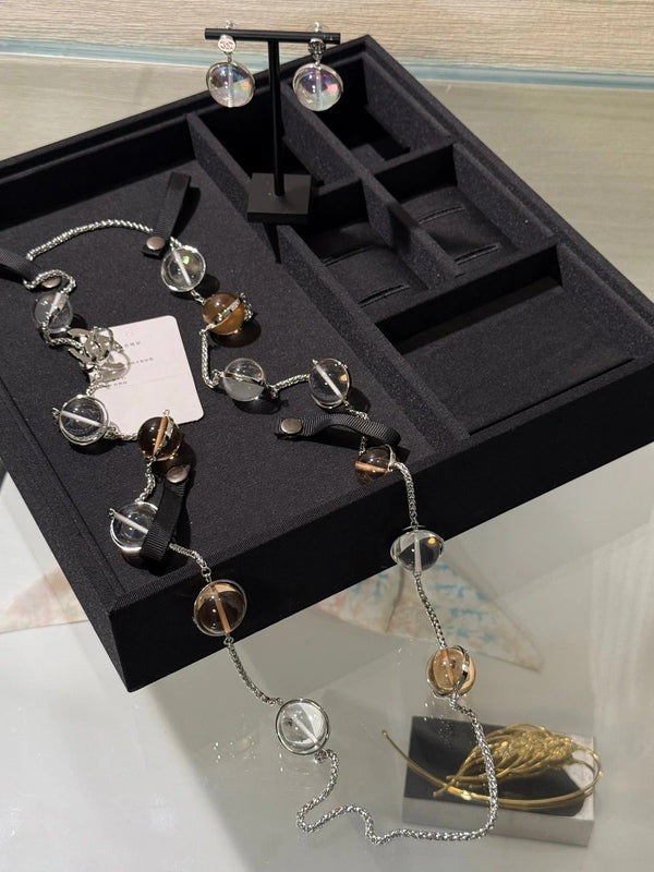 CC 2026 Transparent Crystal Ball Planet Silver Double C Long Necklace