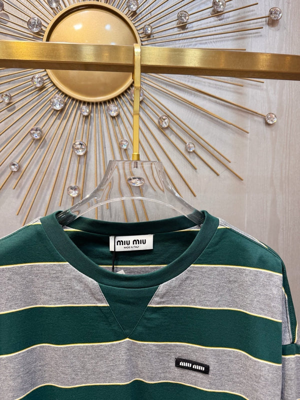 Miumiu 2026 Striped Long-sleeved T-shirt Green mix Gray Cotton