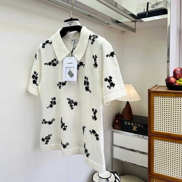 Chanel 2026 Floral Print Polo Shirt Black and White Cotton