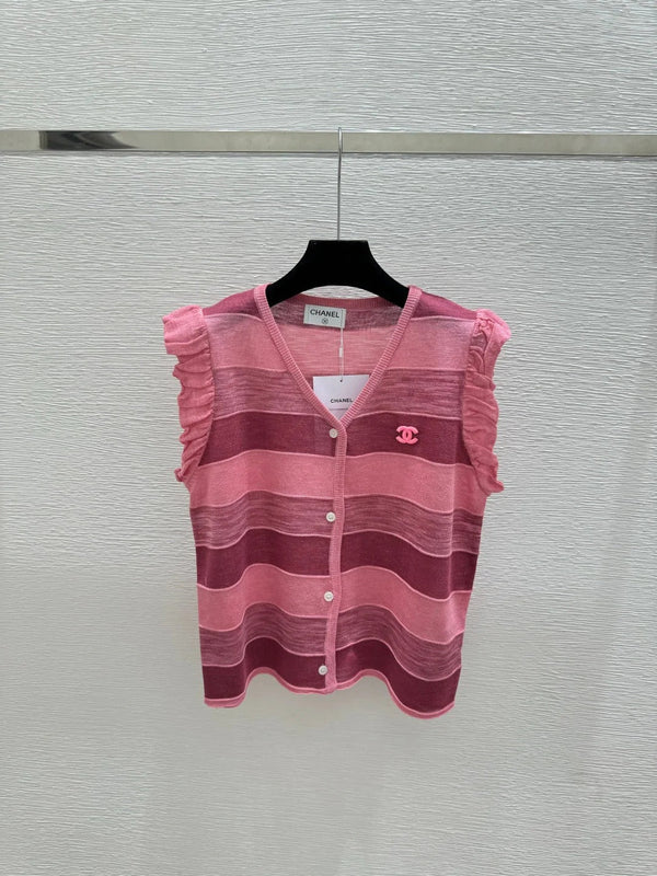 CC 2026 Striped Simple V-Neck Knitted Vest Cardigan Tencel 516056