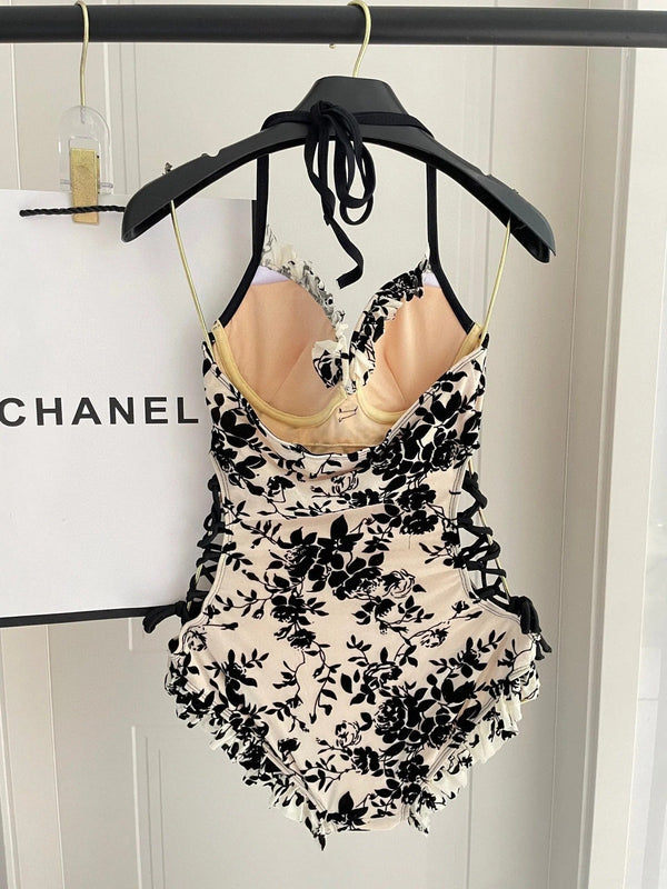 CC BIKINI SWIMSUIT SET IN IVORY MESH WITH BLACK VELVET FLORAL EMBROIDERY 622181