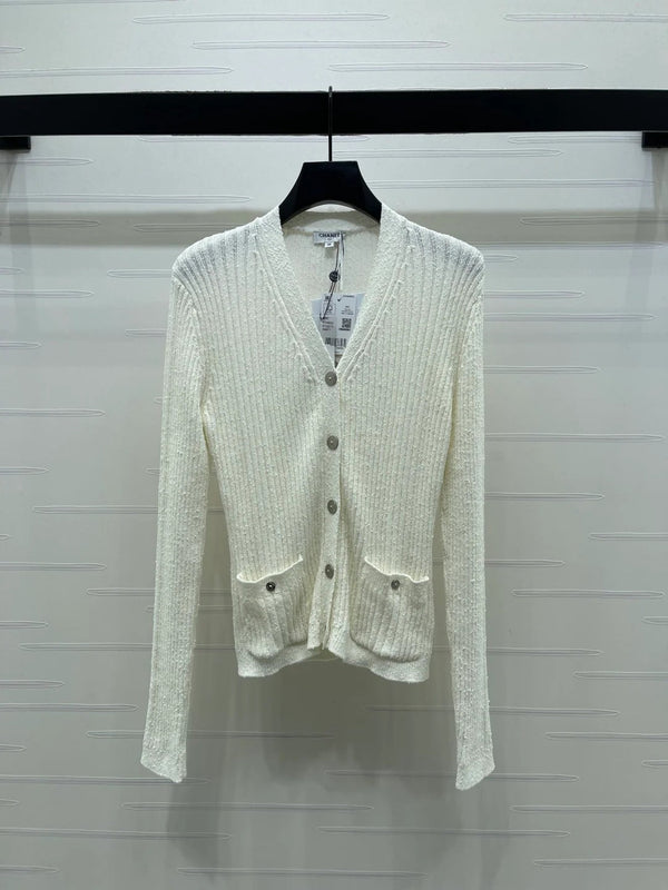 Chanel 2026 V-neck Knit Cardigan White and Black Wool Viscose