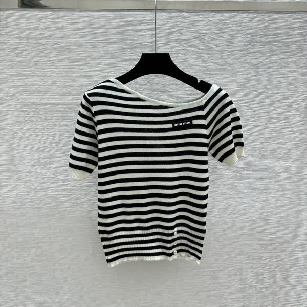 Miumiu 2026 Striped Knit Short-Sleeve Blue and Black Wool Polyester 132745