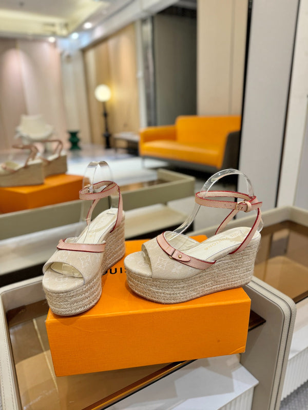 LV Helios Wedge Sandals Cream Monogram Denim & Leather 888644