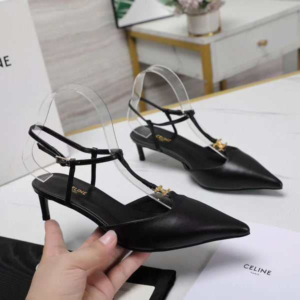 Cel 5Cm High Slingbacks in Black Gold Logo Calfskin