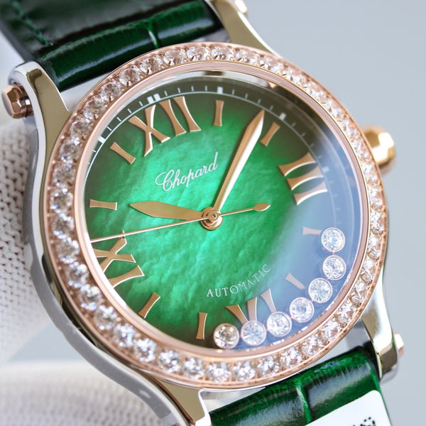 HAPPY SPORT 36MM ROSE GOLD DIAMOND BEZEL GREEN DIAL