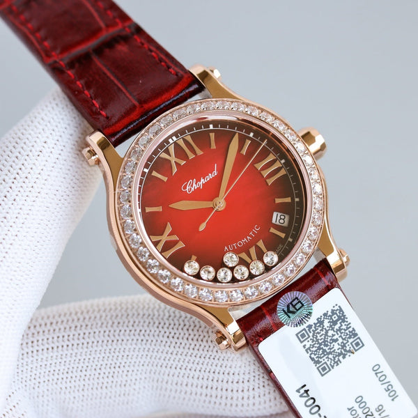 HAPPY SPORT 36MM ROSE GOLD DIAMOND BEZEL RED DIAL