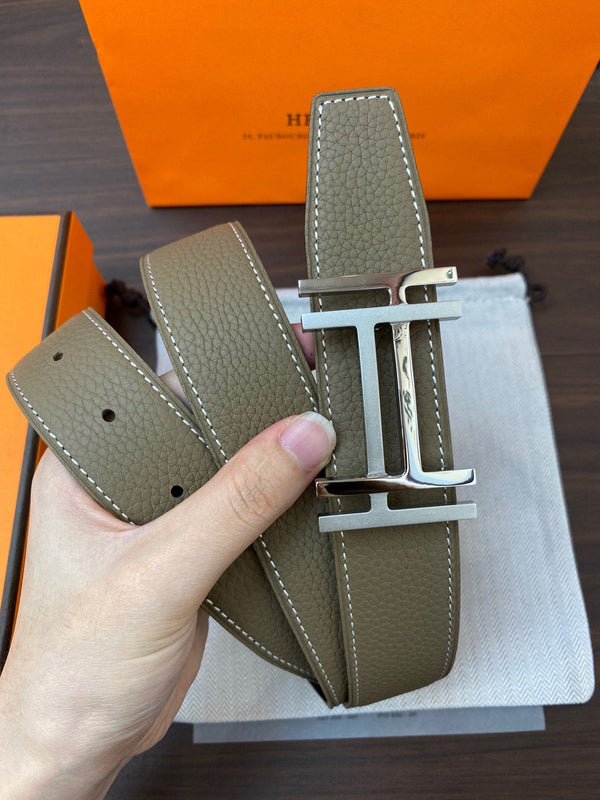 DOUBLE H BELT 32MM SILVER BUCKLE BLACK ETOUPE LEATHER