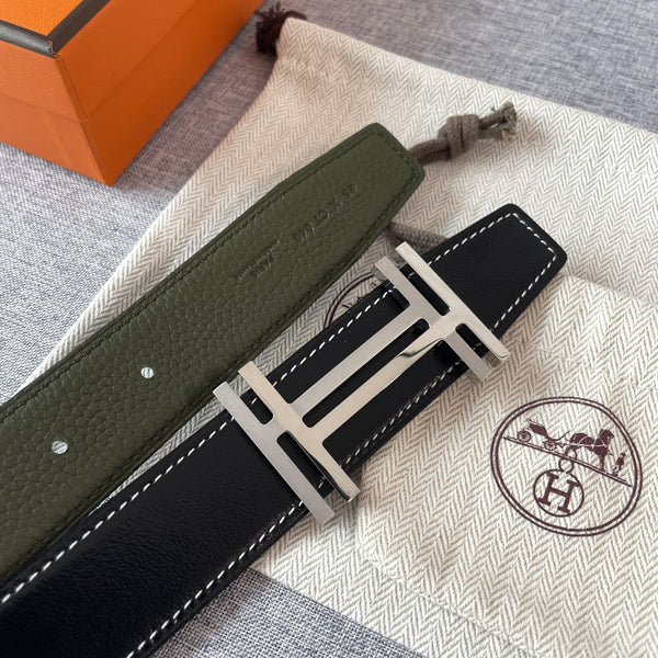 DOUBLE H REVERSIBLE BELT 32MM SILVER BUCKLE BLACK DARK GREEN LEATHER