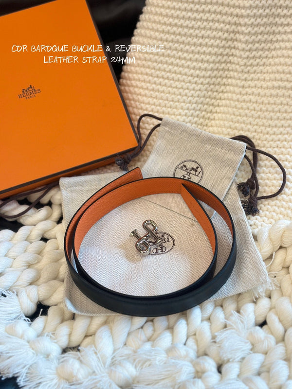 H COR BAROQUE BELT 24MM SILVER BUCKLE & REVERSIBLE ORANGE AND BLACK LEATHER