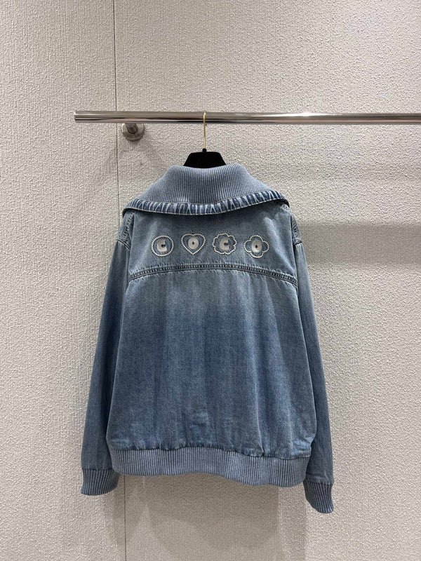 CC 25M Embroidered Lapel Denim Jacket Blue Cotton