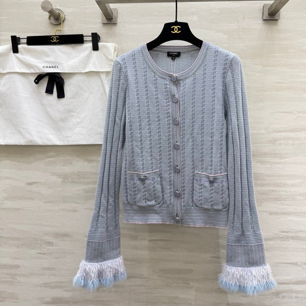 CC 25B Round Neck Single-breasted Furry Sleeve Cardigan Light Blue Cashmere