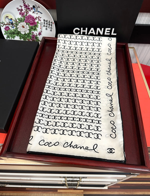 CC Square 90cm Double C White Silk Scarf 828790