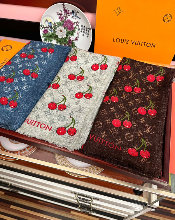LV Double-Sided Cherry Square Scarf 140cm Brown Silk Cashmere 839715