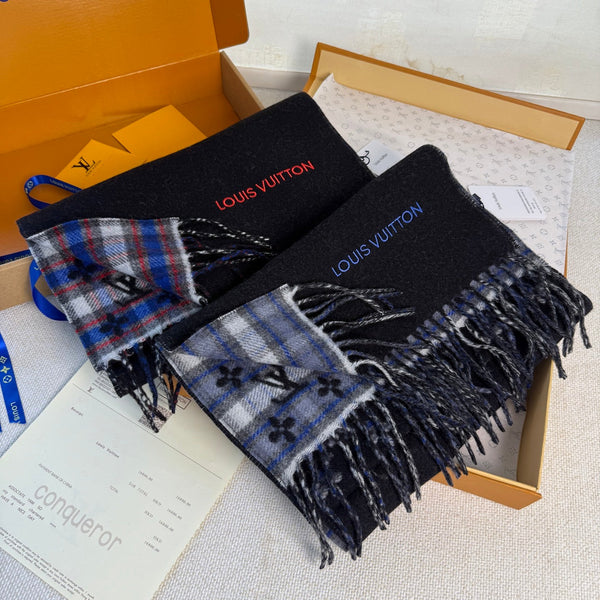 LV Double-Sided Gradient Plaid Scarf Black Wool Cashmere 839549