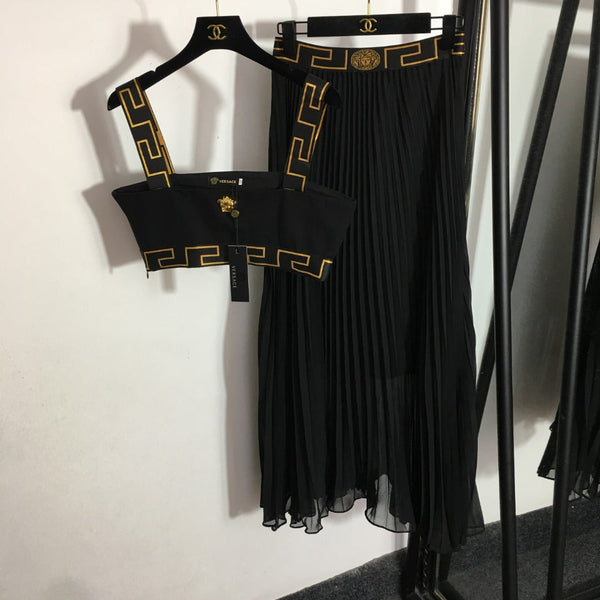 Versace Metal-Embellished Tube-Top Camisole and High-Waisted Pleated Skirt Set