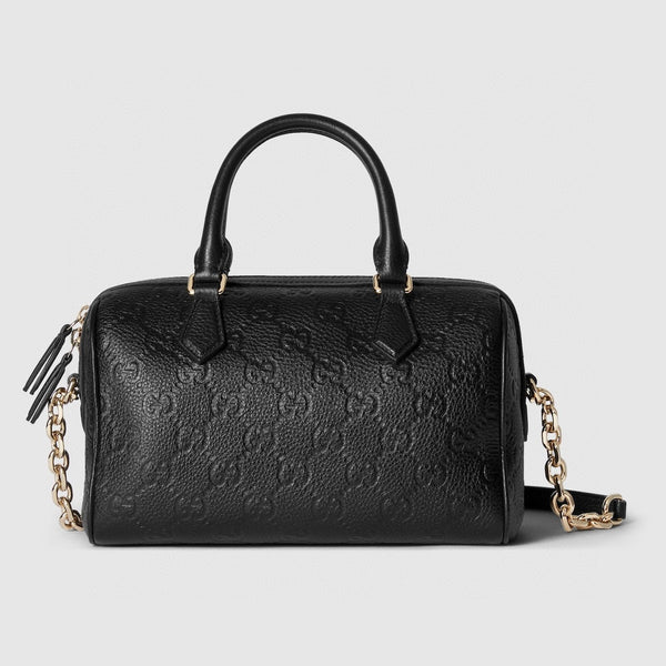 GG Emblem Small Top Handle 25cm Black Grained Calfskin