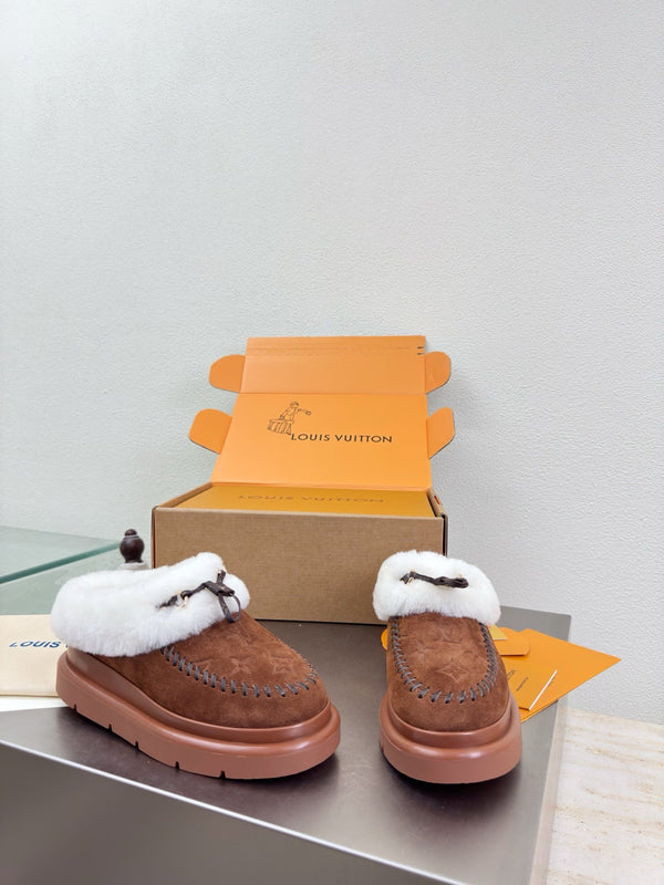 LV Lamb-lined Platform Slippers Dark Brown Lamb Wool Suede 566893