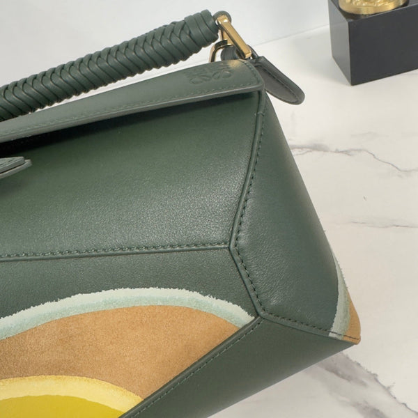 Loewe Puzzle Handbag 24 in Green mix Yellow Suede 274168