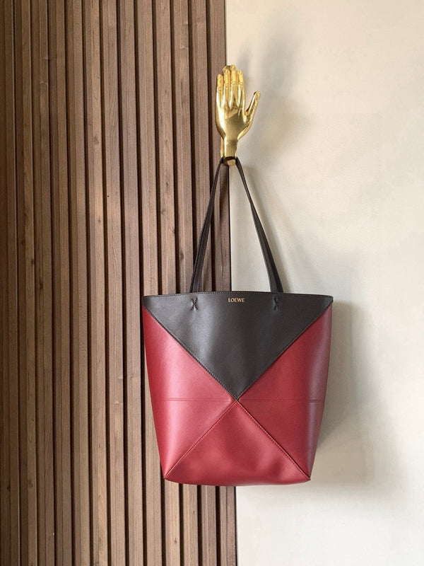 LOE 31 Medium Puzzle Fold Tote In Burgundy Mix Chocolate Glossy Cowhide 274321