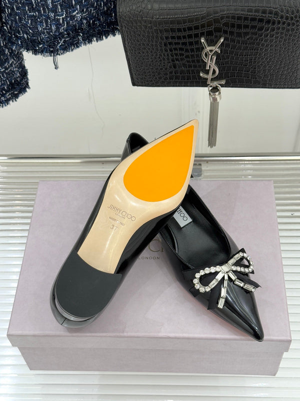 Jimmy Choo 26WF Pointed Toe Rhinestone Bow Chunky Heel Black in  Sheepskin 573540