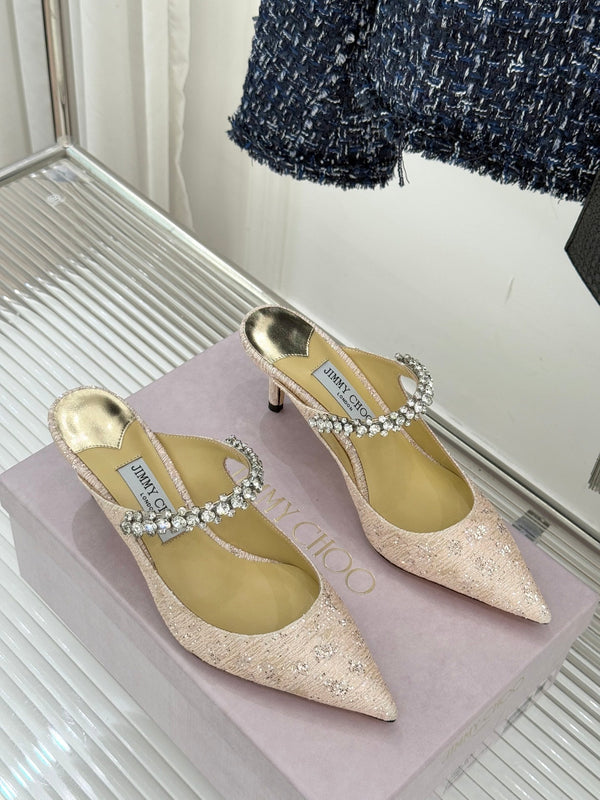 Jimmy Choo Classic Diamond Chain Point Toe High Heels Champagne Glitter Sheepskin 573548