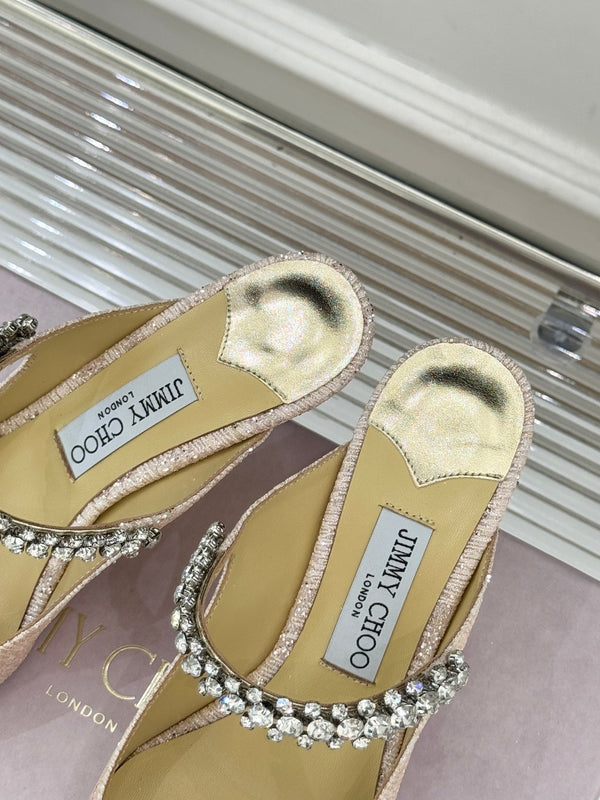 Jimmy Choo Classic Diamond Chain Point Toe High Heels Champagne Glitter Sheepskin 573548