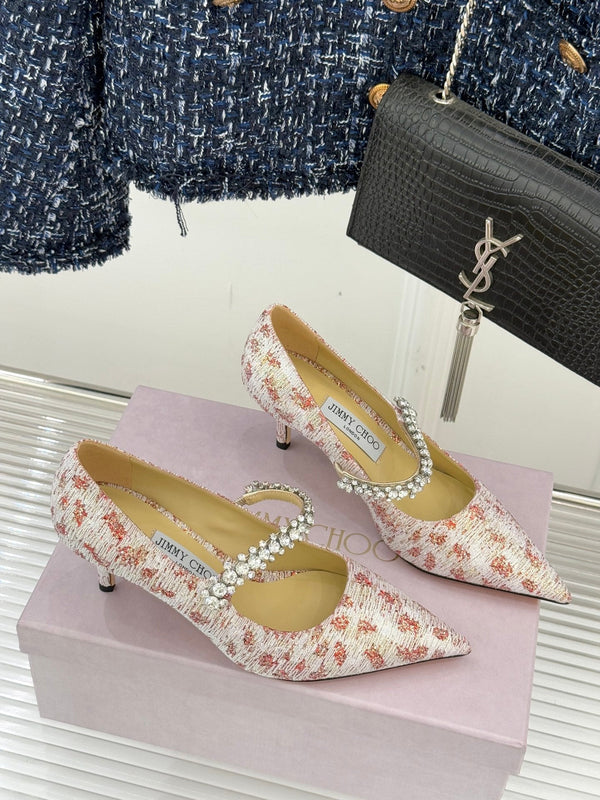 Jimmy Choo Classic Diamond Chain Point Toe High Heels Light Pink Sheepskin 573545