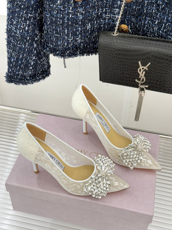 JC25WF Rhinestone Bow Pionted Toe High Heels 85 White Sheepskin 573539