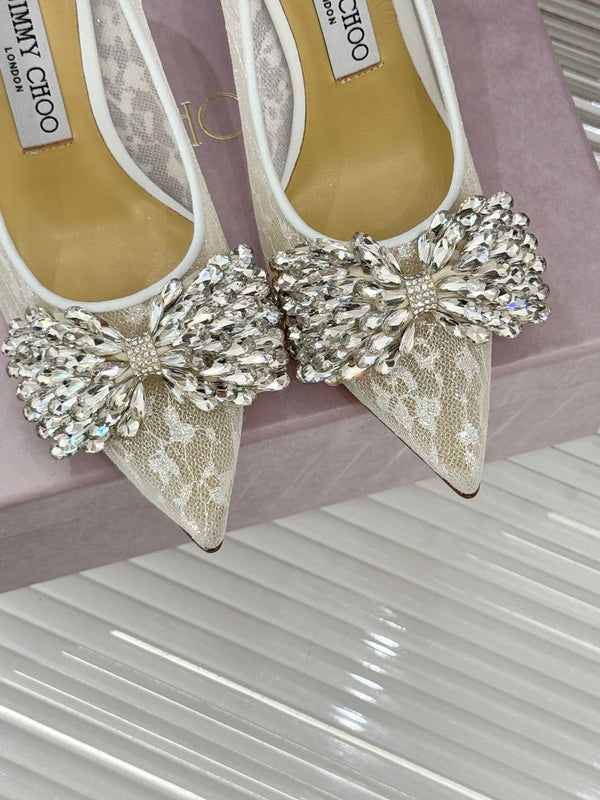 JC25WF Rhinestone Bow Pionted Toe High Heels 85 White Sheepskin 573539