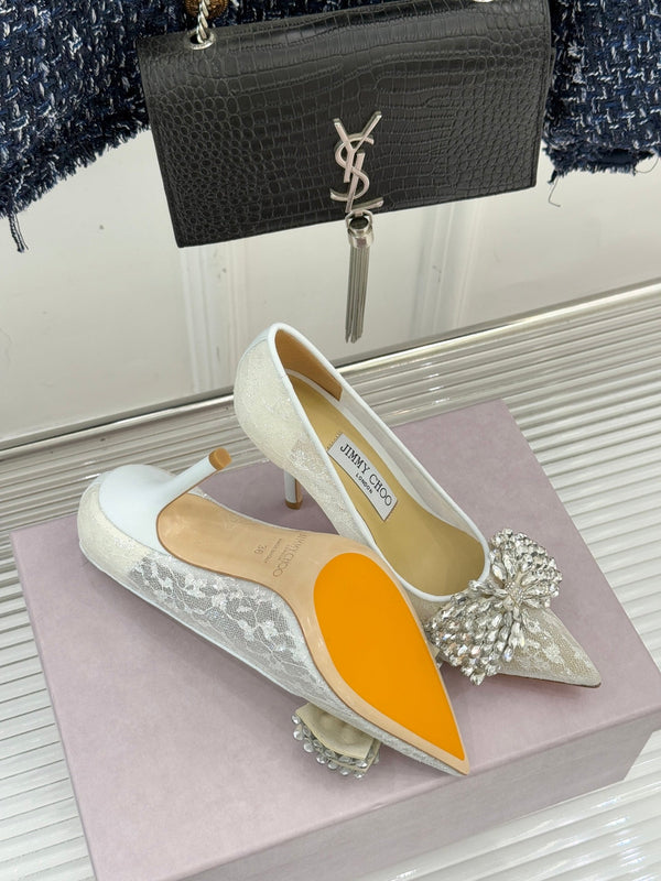 JC25WF Rhinestone Bow Pionted Toe High Heels 85 White Sheepskin 573539