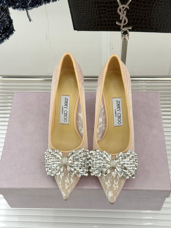 JC25WF Rhinestone Bow Pionted Toe High Heels 85 Nude Sheepskin 573538