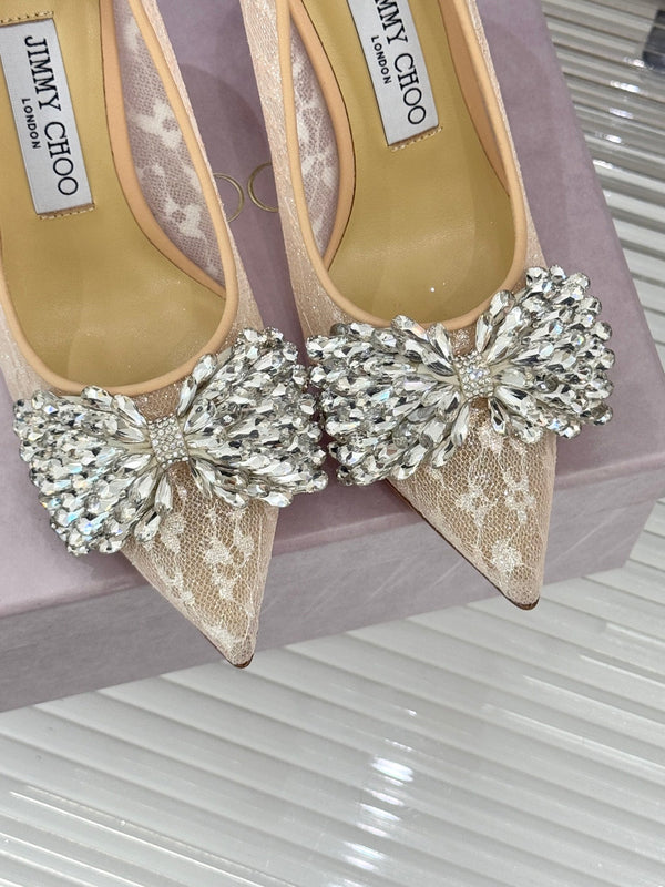JC25WF Rhinestone Bow Pionted Toe High Heels 85 Nude Sheepskin 573538