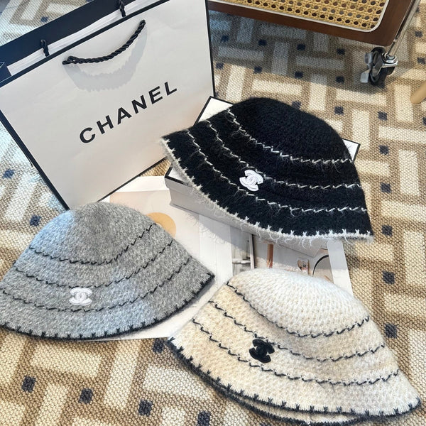 Chanel New Autumn/Winter Wool Blend Knit Bucket Black Hat 960028