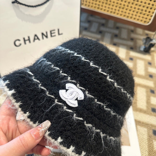Chanel New Autumn/Winter Wool Blend Knit Bucket Black Hat 960028