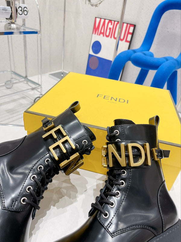 Fendi Martin Boots with Metal Buckle Black in Cowhide 576792