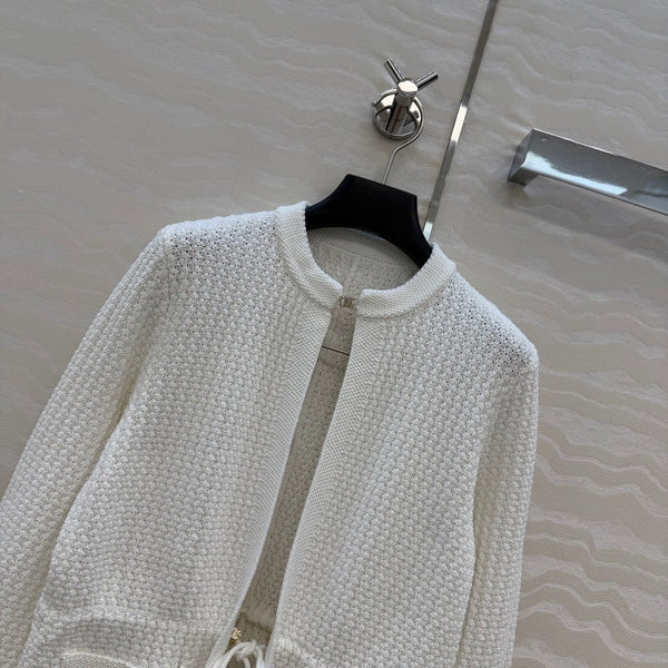 Chanel 26c Rhinestone Buckle Belt Cardigan White Wool 333715