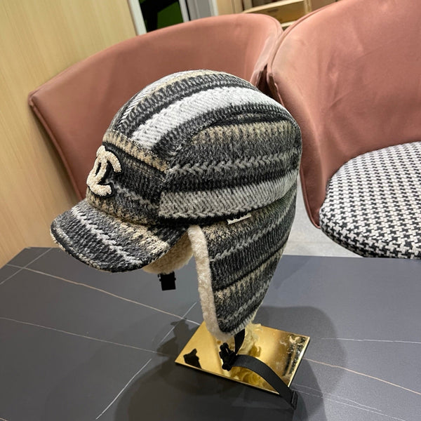 Chanel Winter Earflap Black Beige Fleece Hat 980017