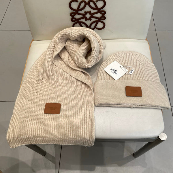 Hermes Classic Hat & Scalf Set Cream Rabbit Fur 980199