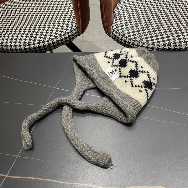 Celine 25 Fair Isle Gray Knitted Tie-Wrap Wool Hat 980013
