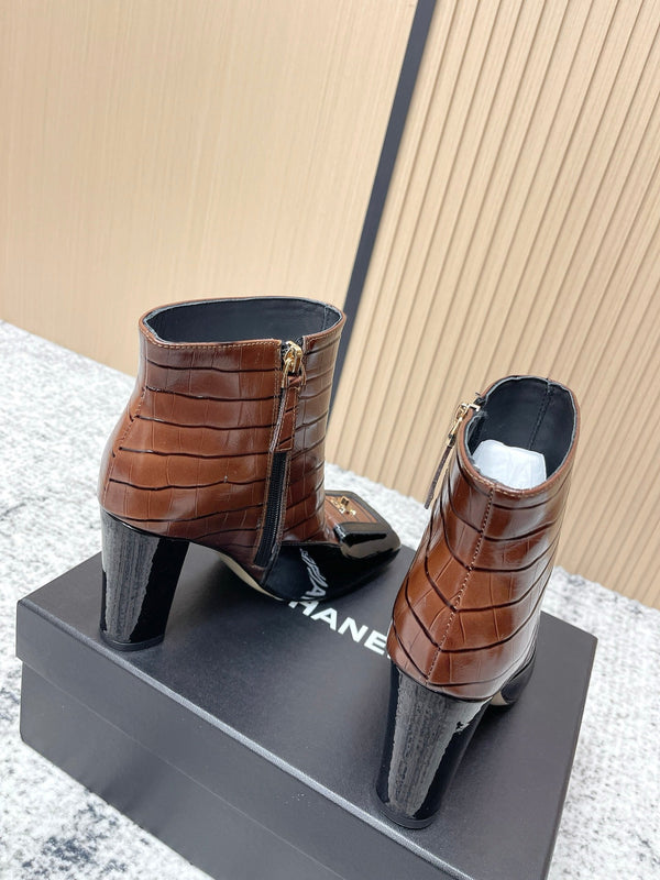 Chanel Croc-Embossed Square-Toe Dark Brown Ankle Boots in Cowhide 591401