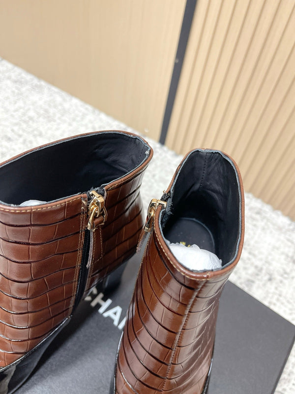 Chanel Croc-Embossed Square-Toe Dark Brown Ankle Boots in Cowhide 591401