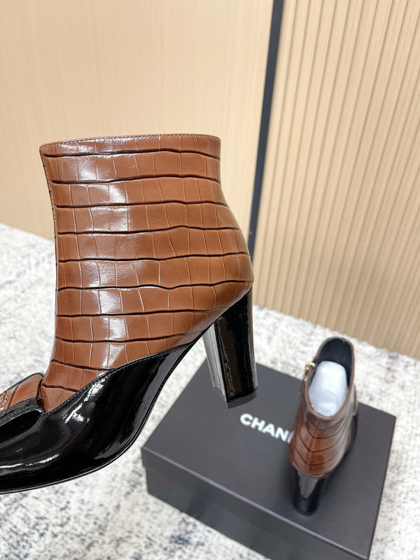 Chanel Croc-Embossed Square-Toe Dark Brown Ankle Boots in Cowhide 591401