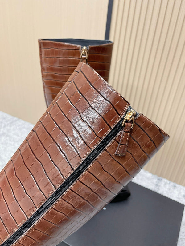 Chanel Croc-Embossed Square-Toe Dark Brown High Boots in Cowhide 591399