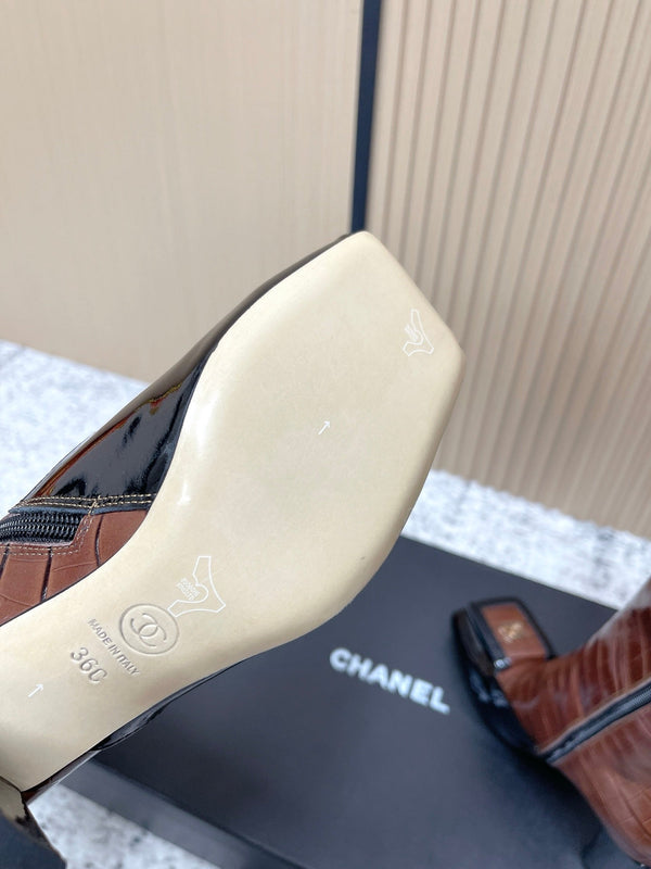 Chanel Croc-Embossed Square-Toe Dark Brown High Boots in Cowhide 591399